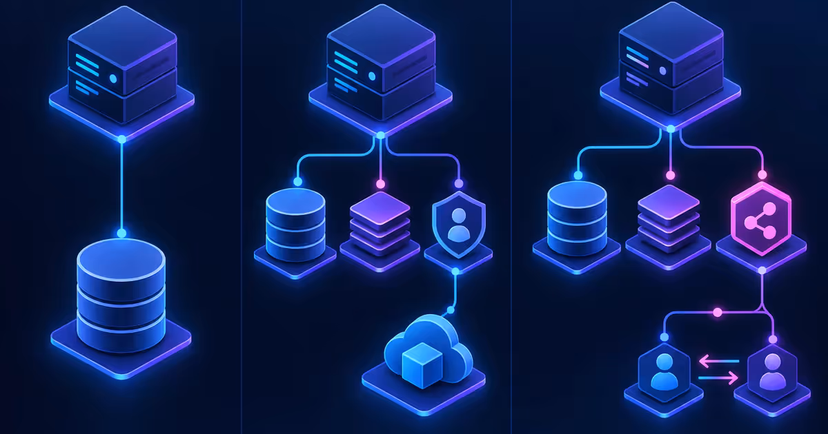 Três arquiteturas de wiki em VPS, da pilha mais simples à estrutura com banco, cache, identidade e colaboração.