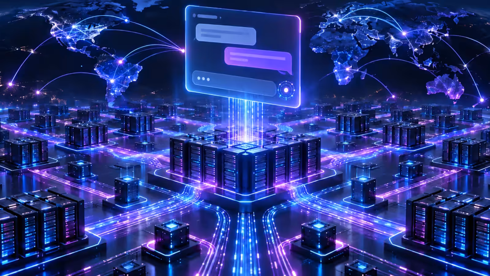 Grade global de servidores e armazenamento distribuído sustentando uma interface de inteligência artificial conversacional.