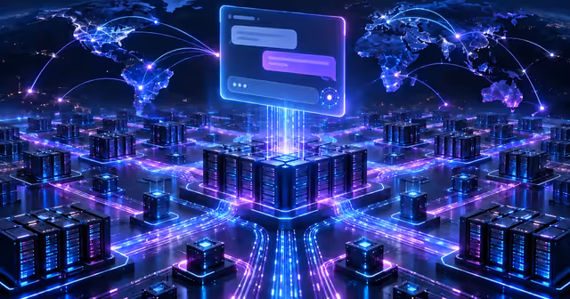 Grade global de servidores e armazenamento distribuído sustentando uma interface de inteligência artificial conversacional.