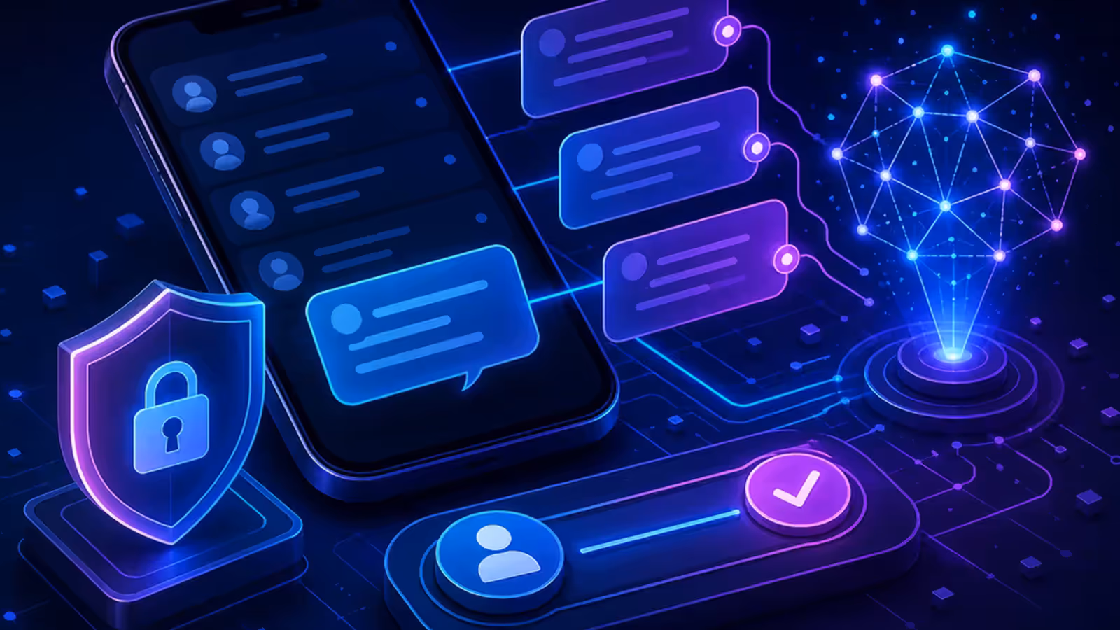Ilustração de celular com mensagens assistidas por IA, escudo de privacidade e aprovação humana antes do envio