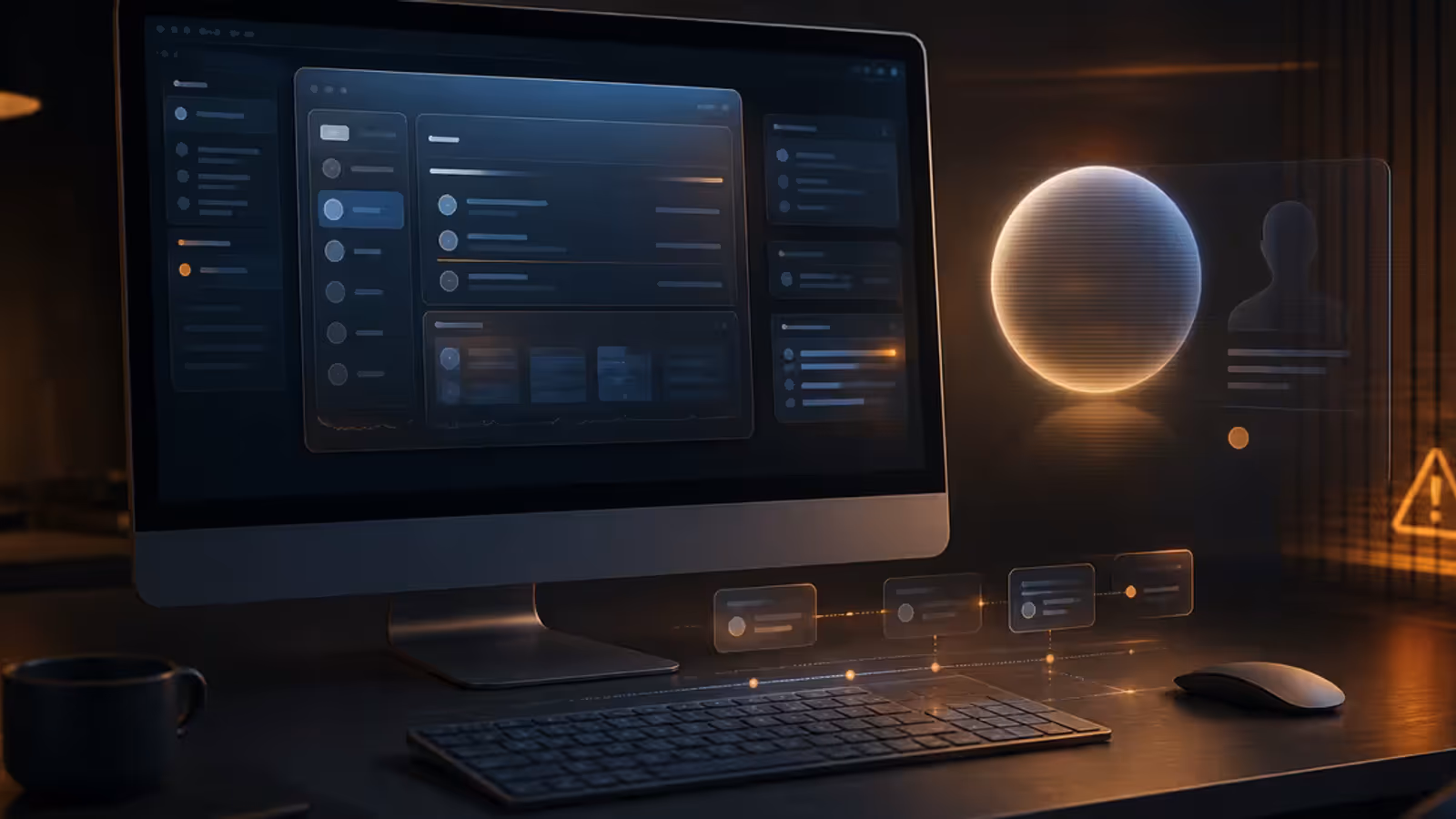 Desktop de Mac com histórico de atividades observado por uma inteligência artificial e alerta de privacidade