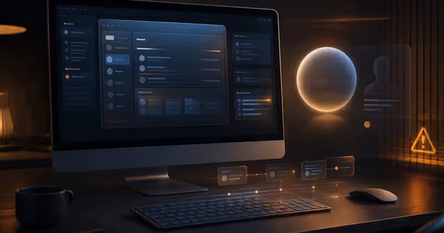 Desktop de Mac com histórico de atividades observado por uma inteligência artificial e alerta de privacidade