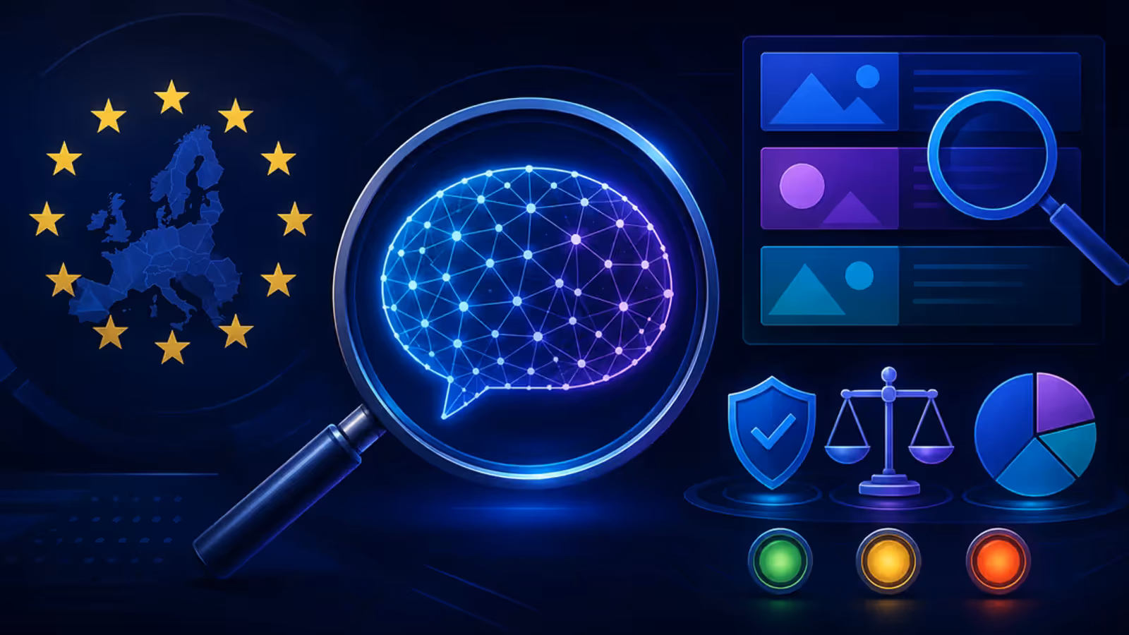 Ilustração de uma IA sob análise regulatória europeia, ao lado de busca e indicadores de conformidade