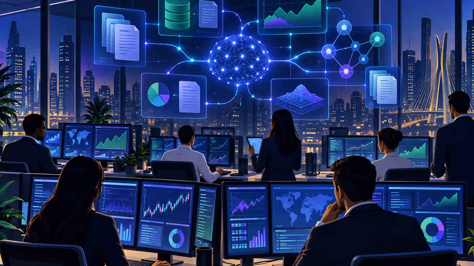 Analistas financeiros usam uma camada de inteligência artificial para conectar dados, documentos e gráficos de mercado.