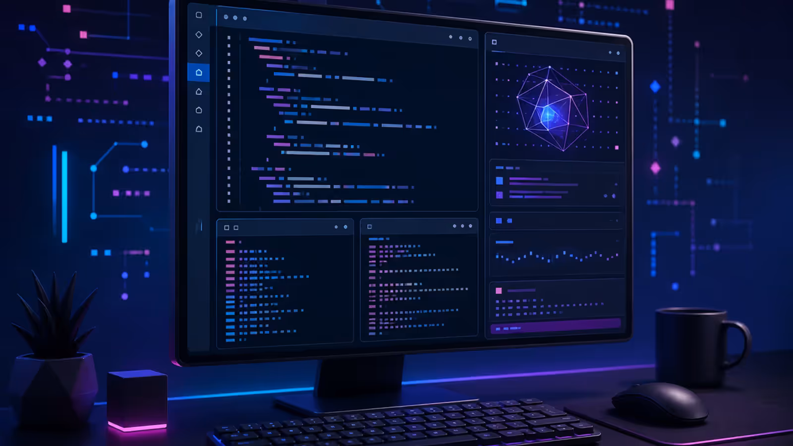 Estação de trabalho Linux com terminal e assistente de programação por inteligência artificial