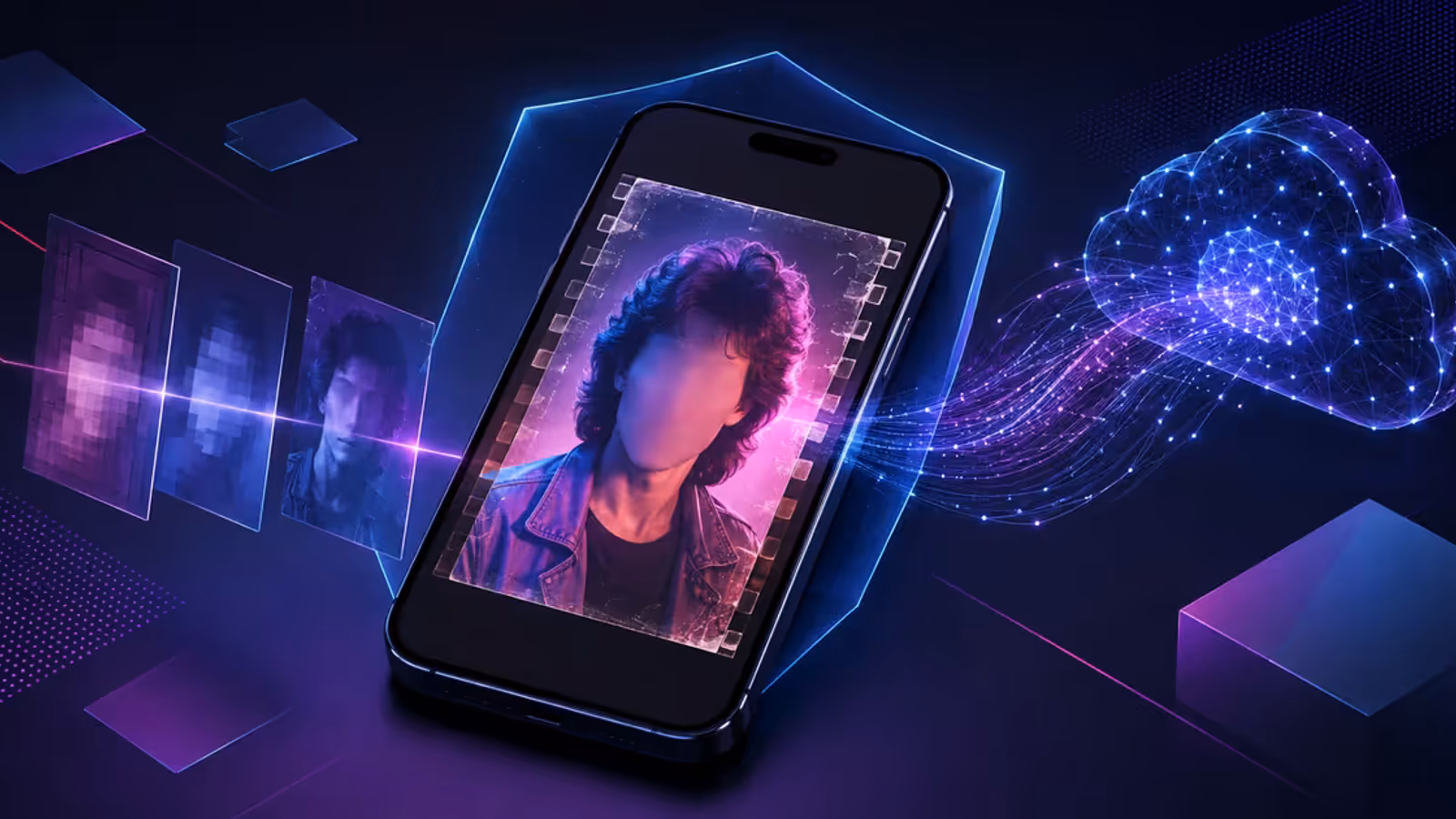 Smartphone transforma selfie em retrato dos anos 80 enquanto dados seguem para uma nuvem protegida