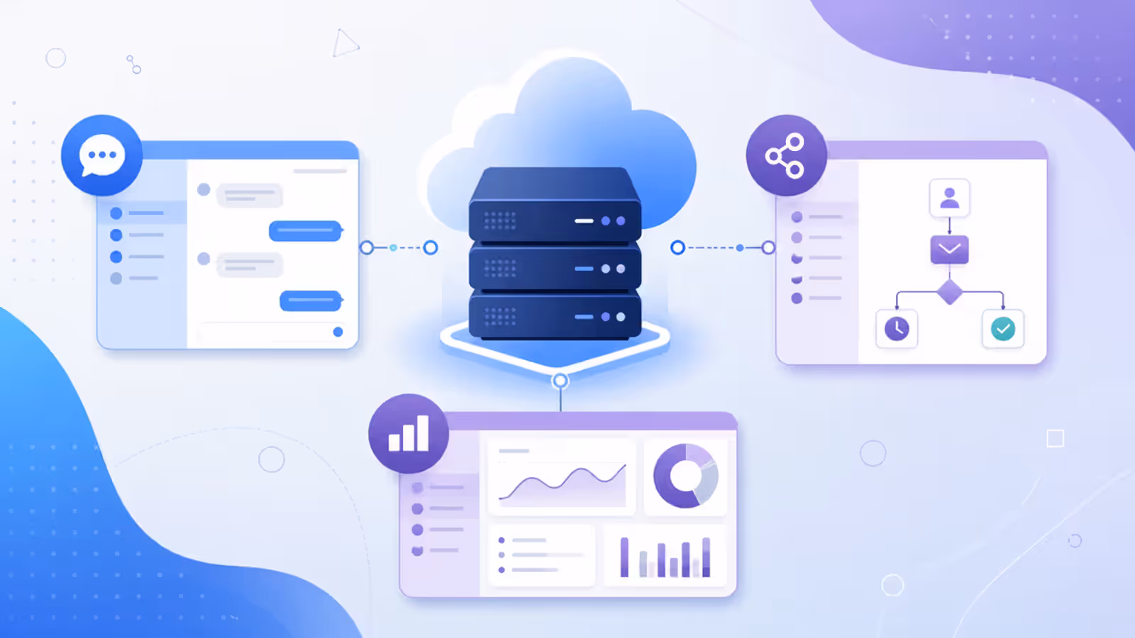 Ilustração de atendimento, automação de marketing e CRM conectados a uma VPS