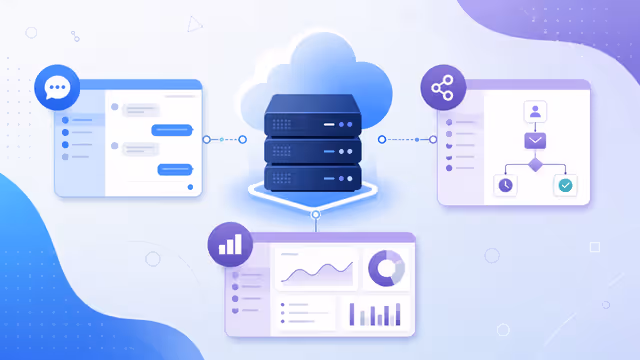 Ilustração de atendimento, automação de marketing e CRM conectados a uma VPS