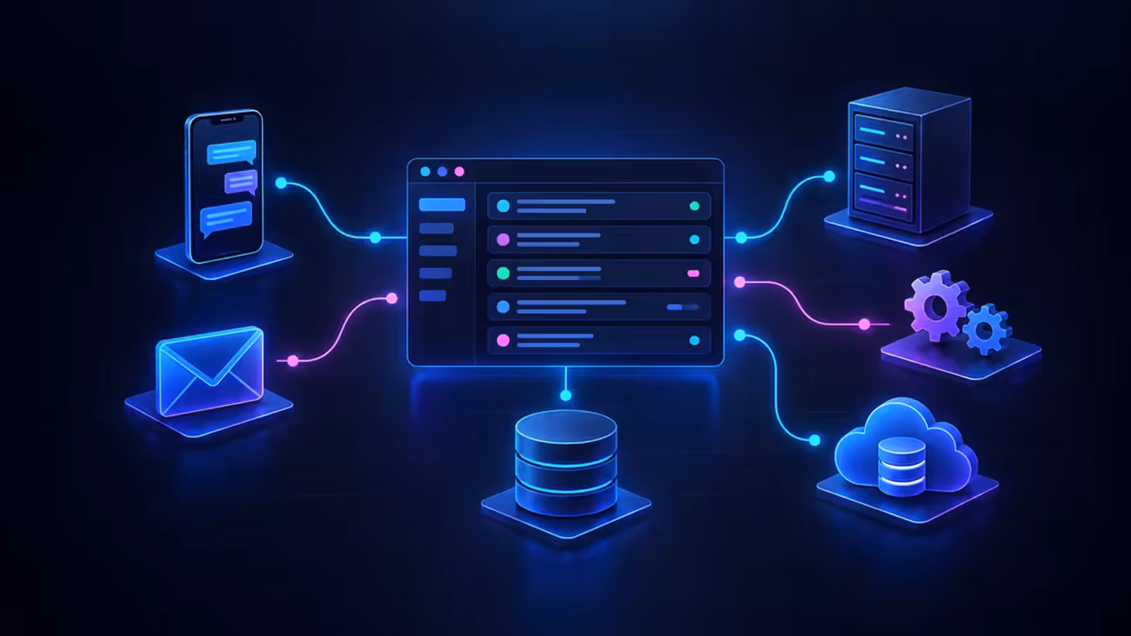 Central de atendimento conectada a uma VPS, banco de dados, fila de processamento, backup, e-mail e smartphone.
