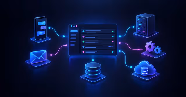 Central de atendimento conectada a uma VPS, banco de dados, fila de processamento, backup, e-mail e smartphone.