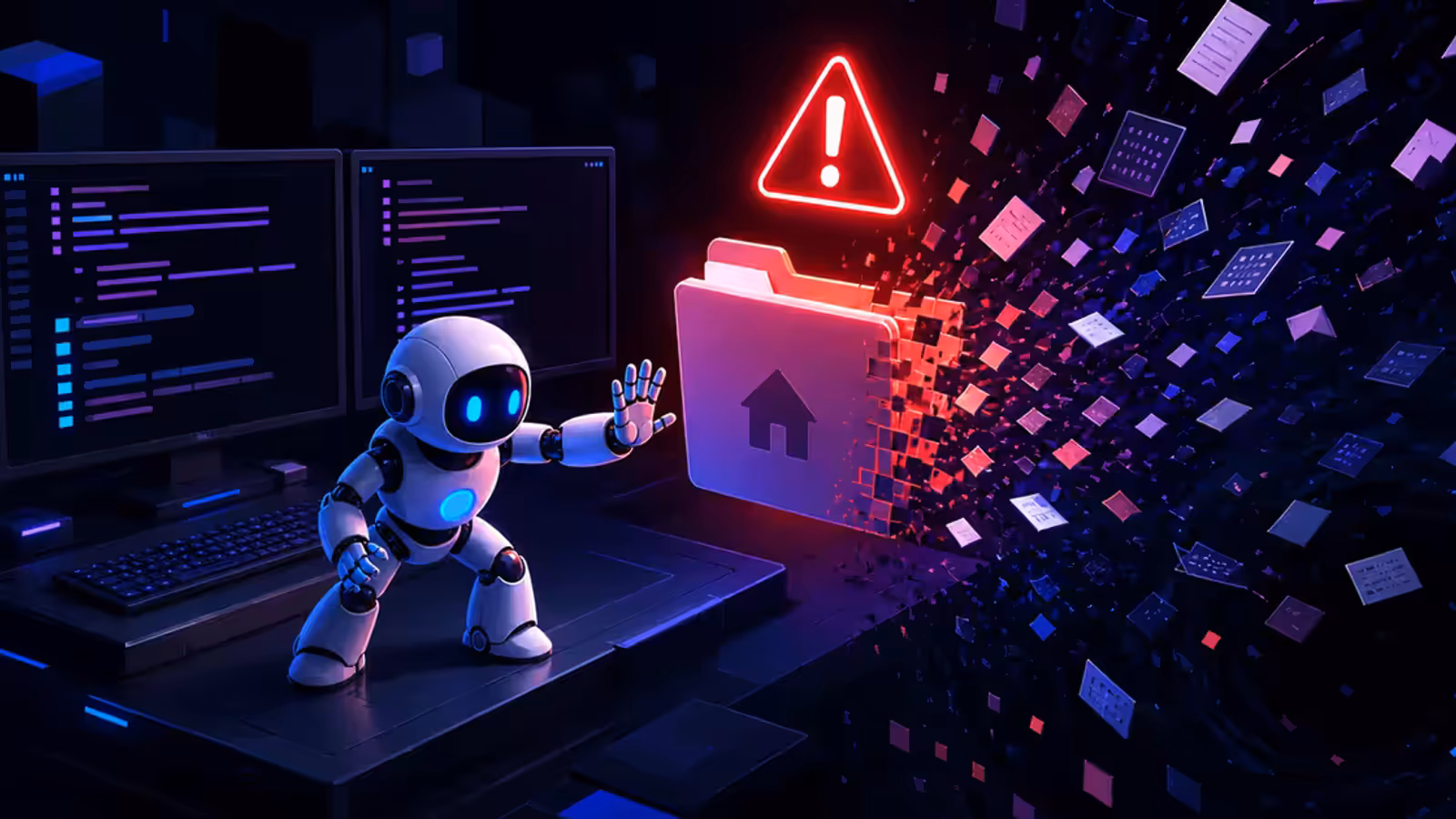 Robô de IA diante de terminal Linux enquanto arquivos do diretório pessoal são apagados