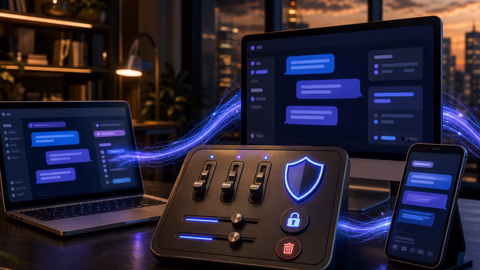 Interface de IA conectada entre notebook, celular e navegador com controles de privacidade, simbolizando a memória compartilhada do Claude