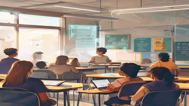 Ilustração editorial de uma professora em sala de aula revisando planos de aula no laptop com uma interface discreta de IA ao fundo