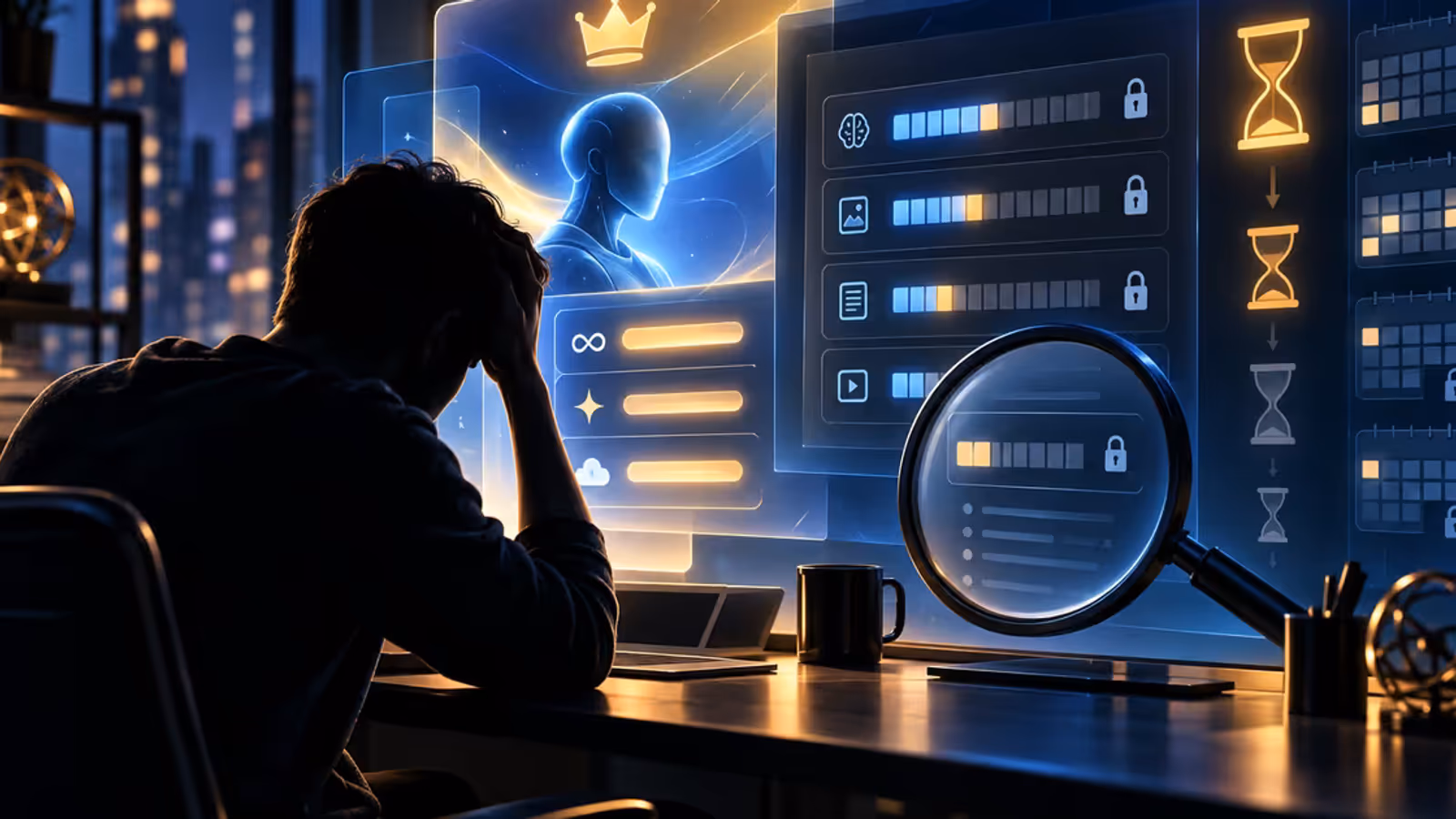 Usuário frustrado analisa medidores e limites pouco claros em uma assinatura premium de inteligência artificial