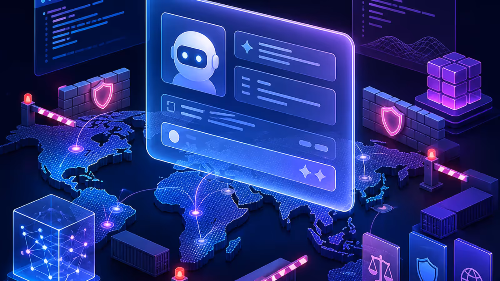 Ilustração editorial de painel de IA sobre mapa global com barreiras de controle de exportação.
