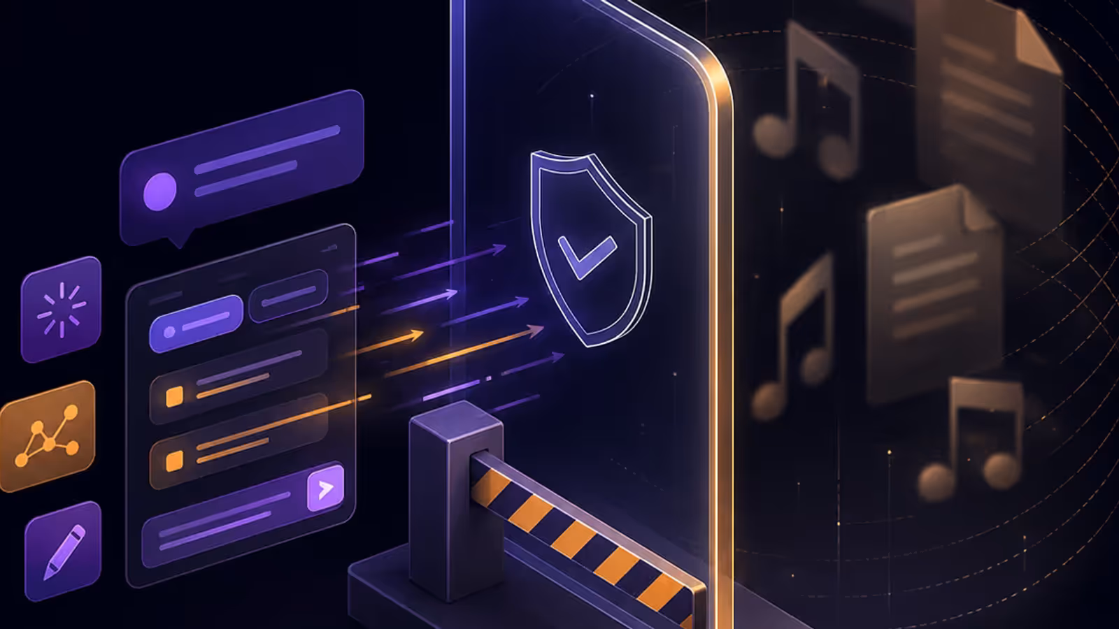 Interface de IA com prompts atravessando uma barreira de copyright diante de notas musicais e documentos protegidos.