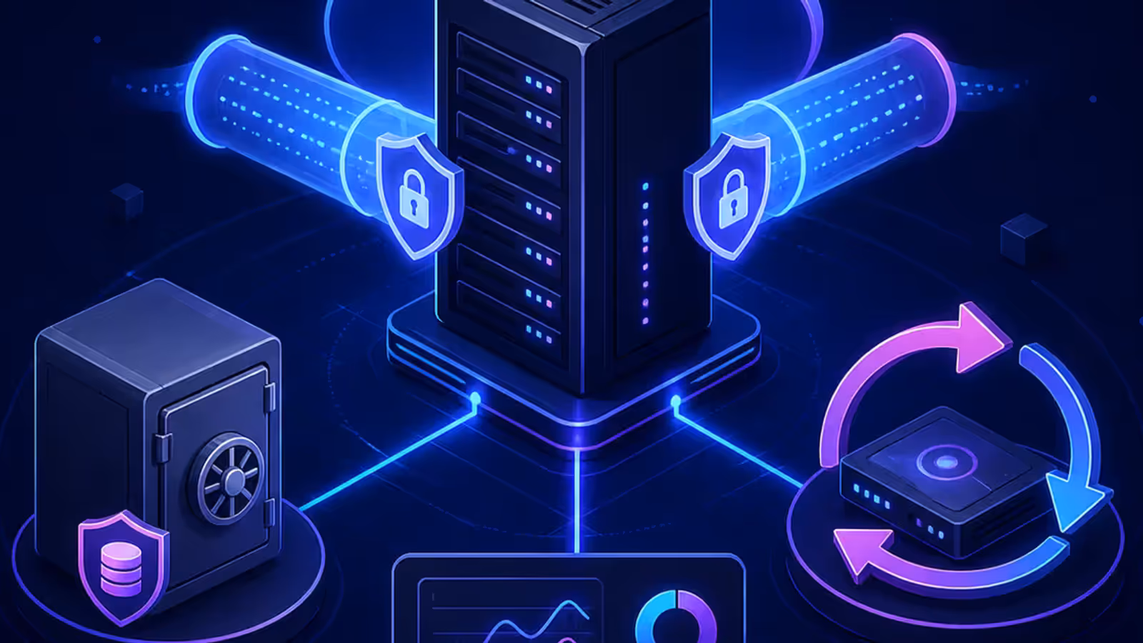 Servidor em VPS conectado por túnel seguro com backup externo, restauração e monitoramento ao redor
