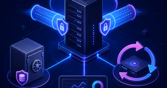 Servidor em VPS conectado por túnel seguro com backup externo, restauração e monitoramento ao redor