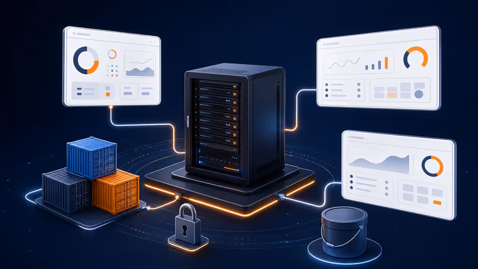 Servidor VPS conectado a três painéis de controle, contêineres, segurança e backup externo