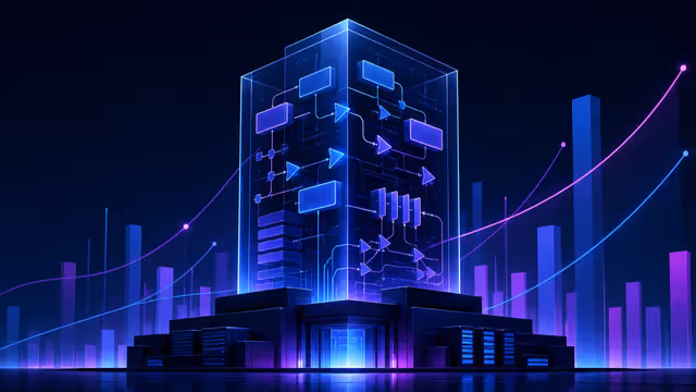 Torre de vidro com fluxos autônomos de software e gráficos abstratos de valorização