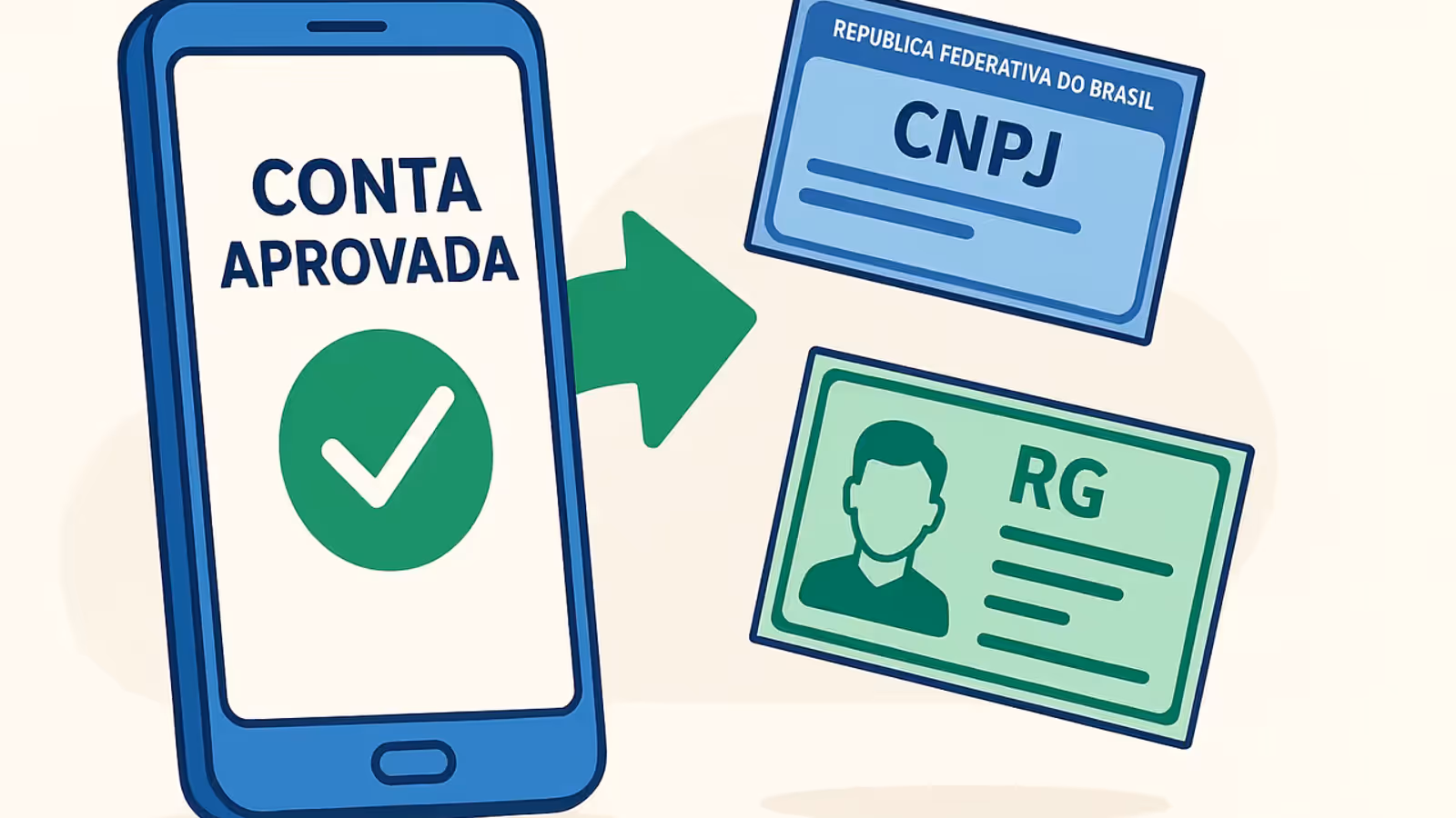 Smartphone mostrando conta PJ aprovada com documentos CNPJ e RG ao lado, ilustração flat design