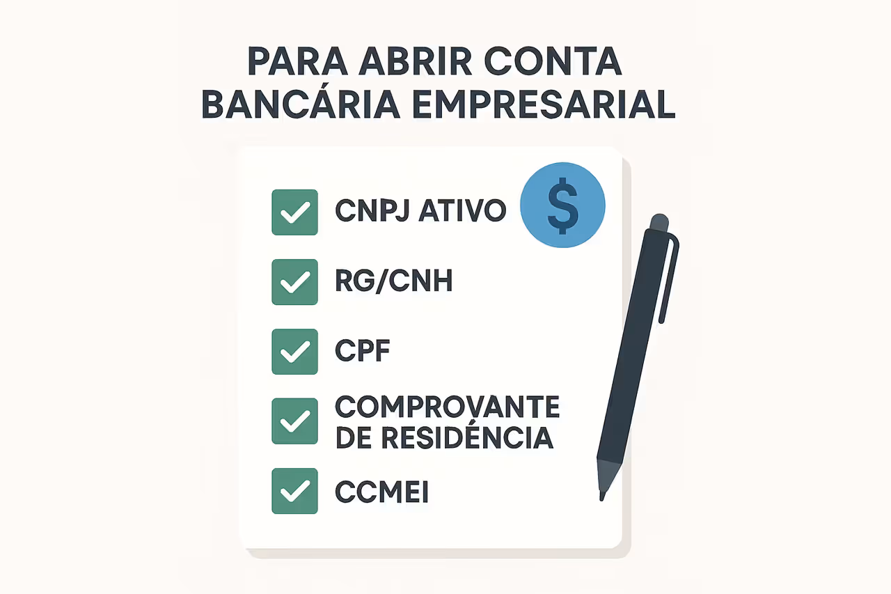Checklist de 5 documentos necessarios para abrir conta PJ: CNPJ ativo, RG, CPF, comprovante de residencia e CCMEI
