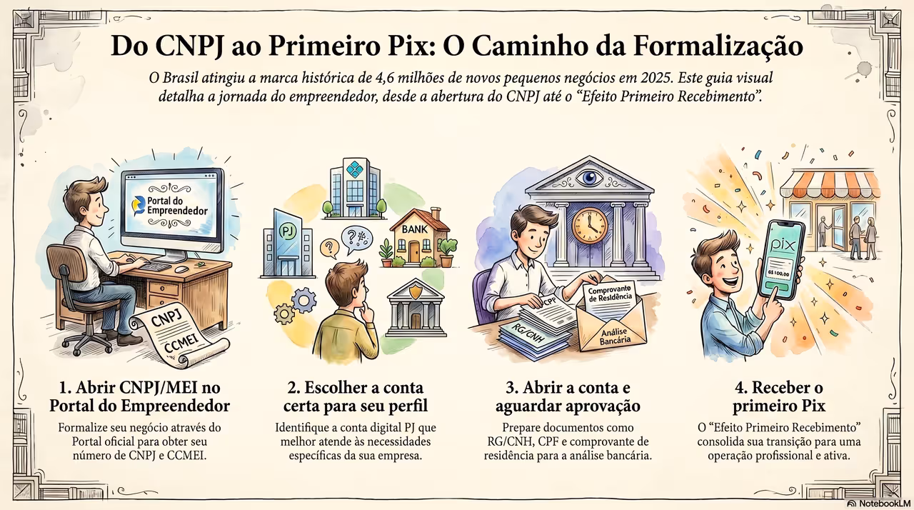 Fluxograma do processo de abertura de conta PJ: abrir CNPJ, escolher conta, aguardar aprovação e receber primeiro Pix
