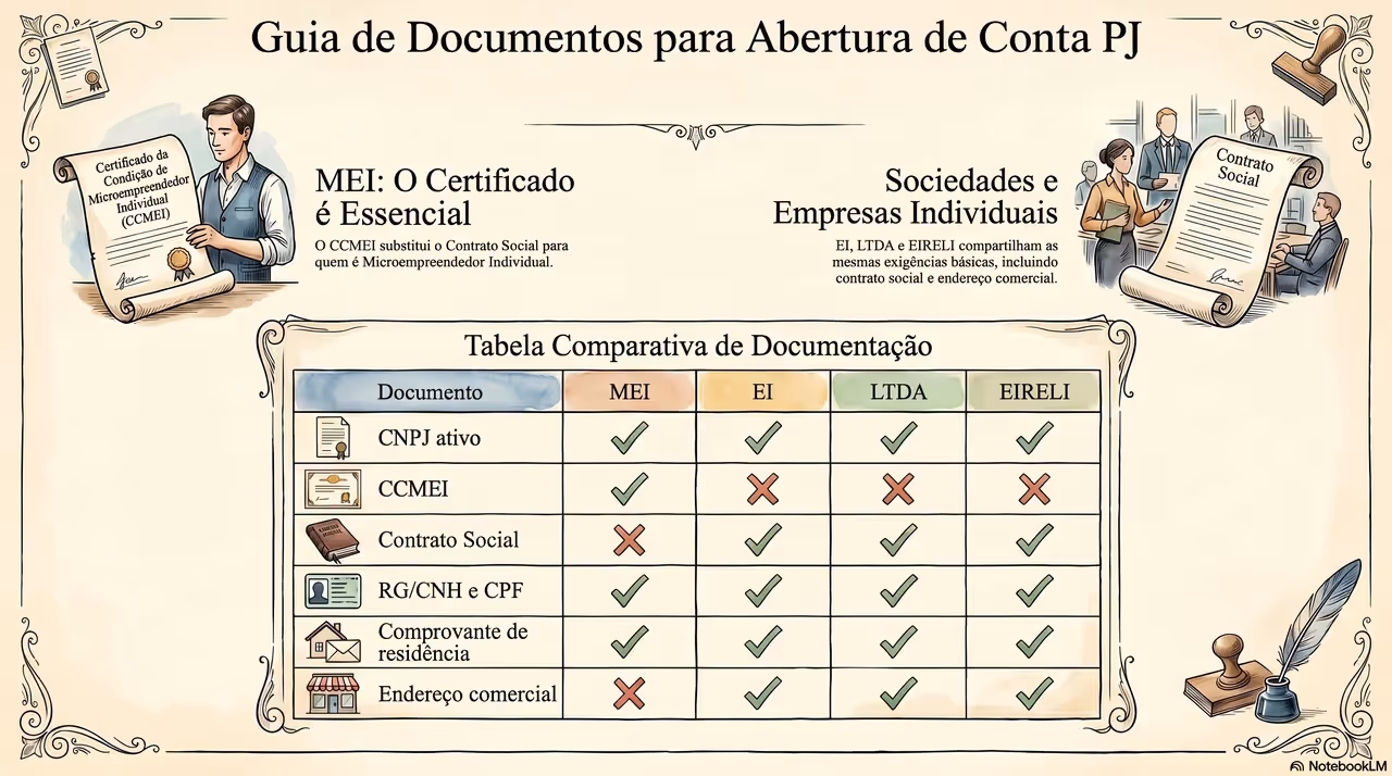 Tabela comparativa de documentos necessarios para abrir conta PJ por tipo de empresa: MEI, EI, LTDA e EIRELI