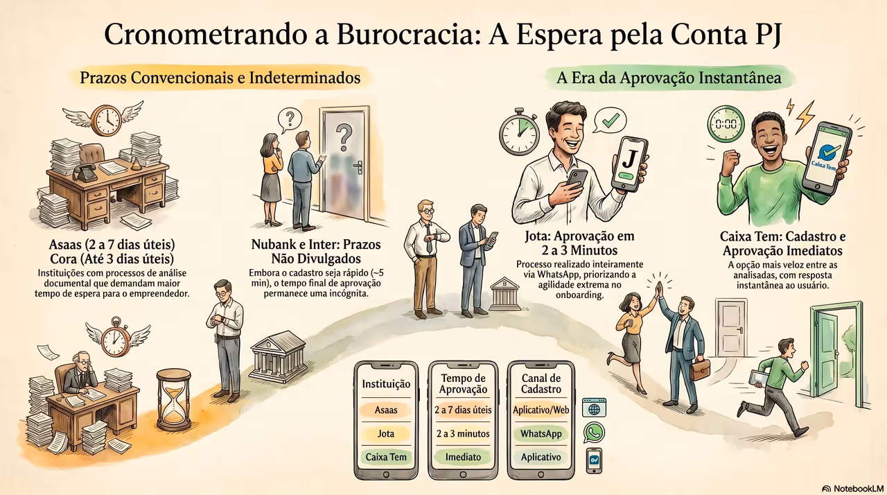 Timeline comparativa de prazos de aprovação de conta PJ: Asaas, Cora, Nubank, Inter, Jota e Caixa Tem