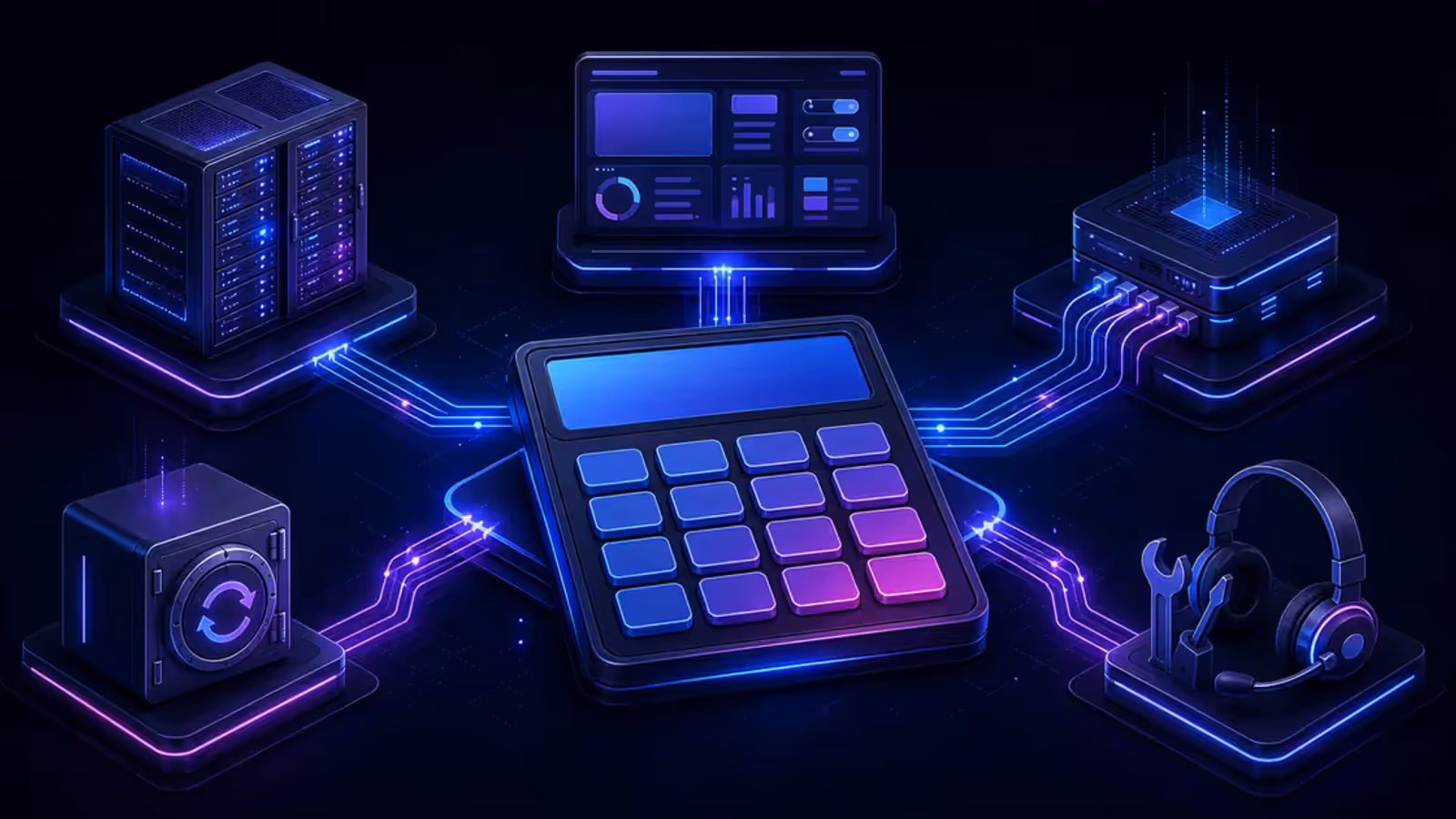 Ilustração editorial de uma calculadora conectada às camadas de custo de uma VPS.