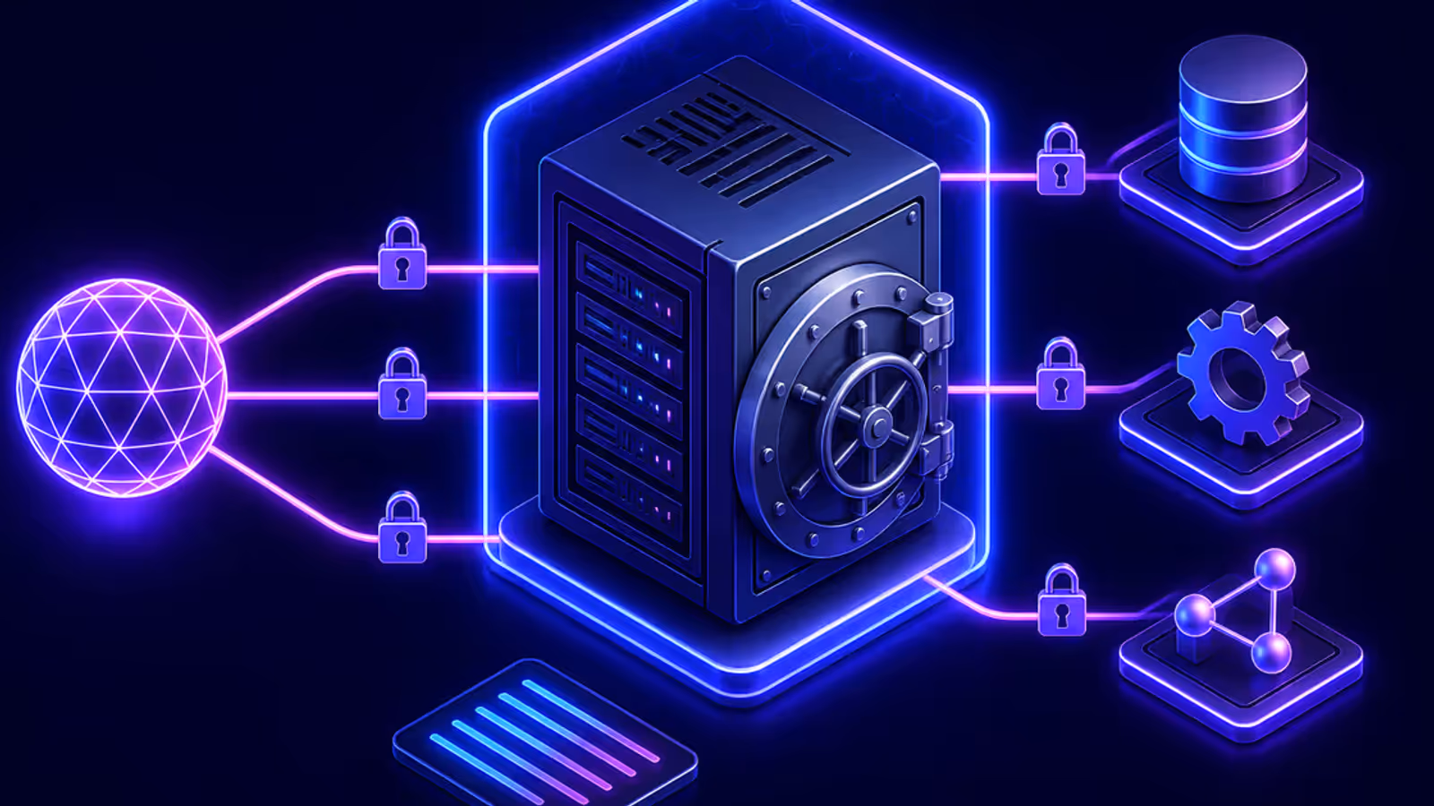 VPS como cofre técnico com três ferramentas protegidas por controles de acesso e logs