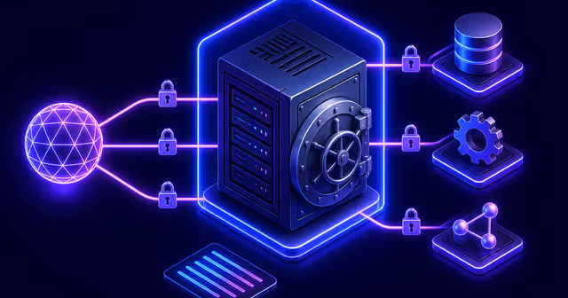 VPS como cofre técnico com três ferramentas protegidas por controles de acesso e logs