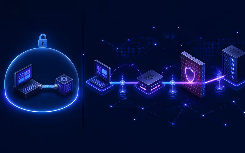 Comparação visual entre stdio local protegido e HTTP remoto passando por proxy e firewall