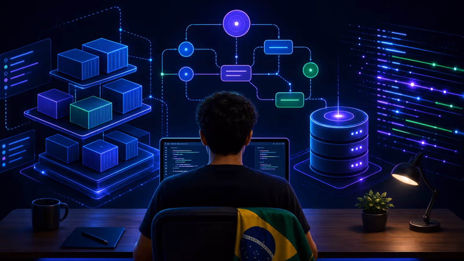 Desenvolvedor implantando agente de IA com containers, fluxo de LangChain e banco vetorial em VPS