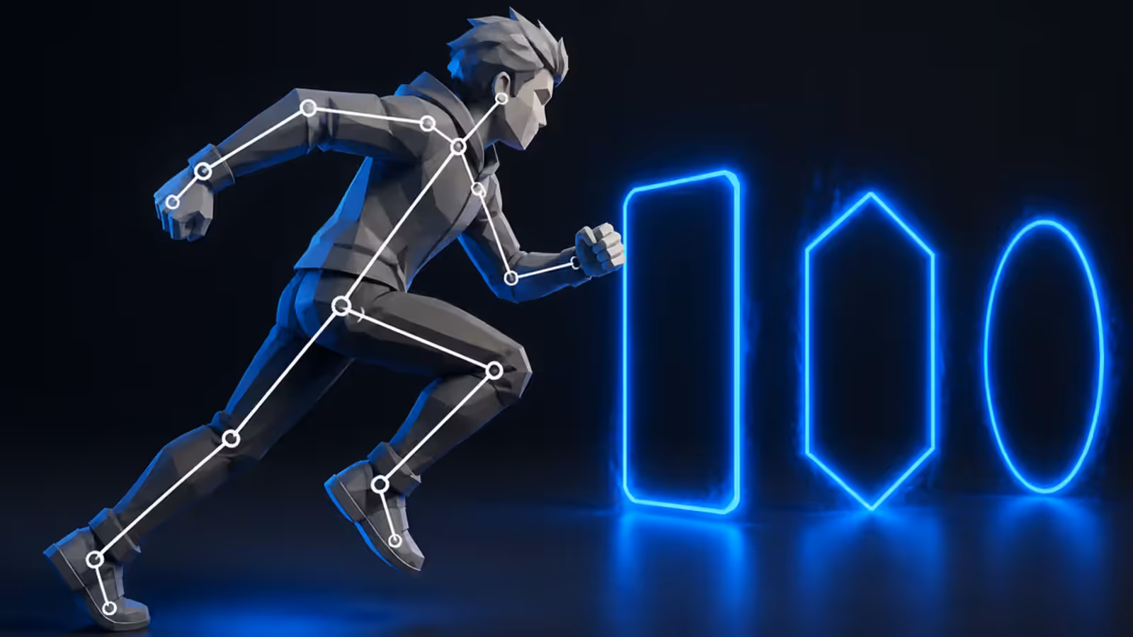 Personagem 3D low-poly em corrida com rig técnico e três portais abstratos para engines de jogo