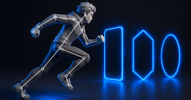 Personagem 3D low-poly em corrida com rig técnico e três portais abstratos para engines de jogo