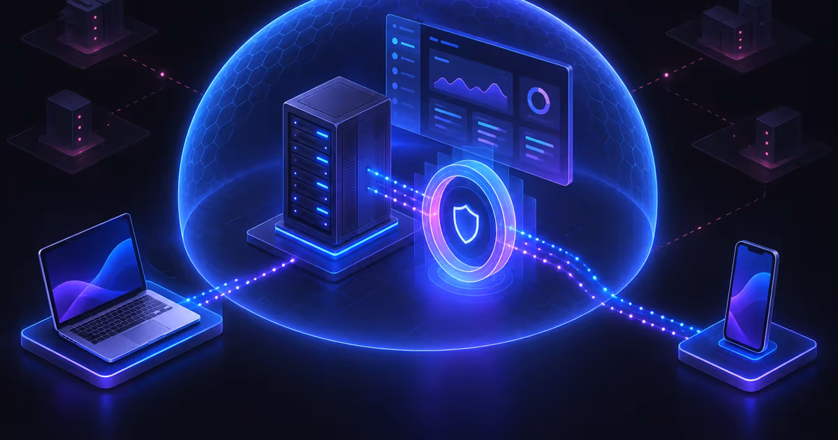 VPS protegida conecta notebook e celular como peers a um painel interno por caminhos privados.