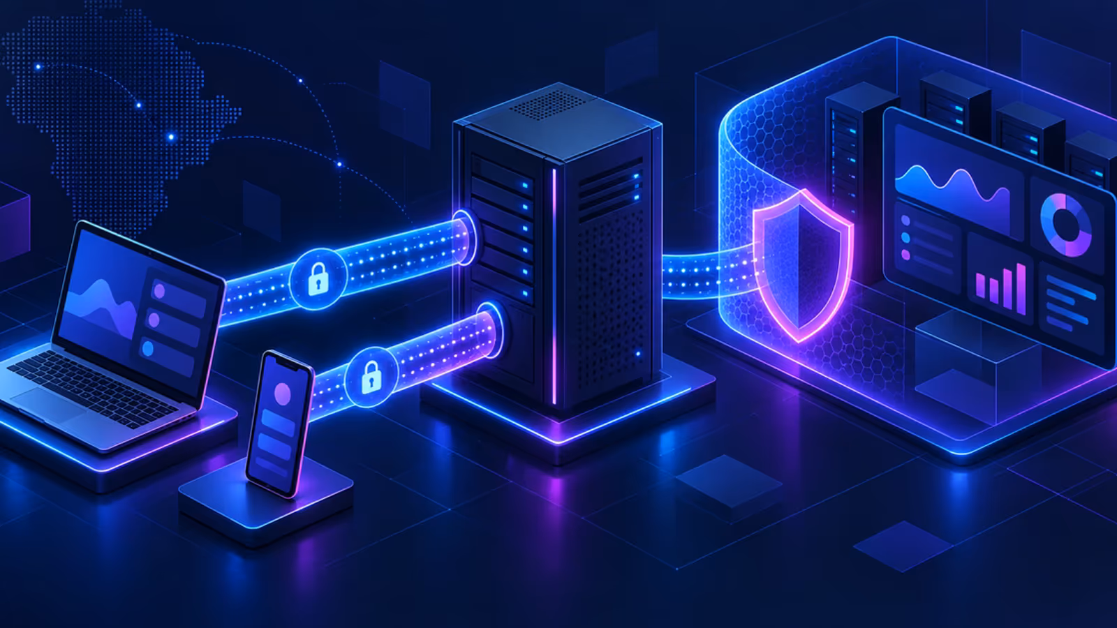 VPS conecta notebook e celular por túneis criptografados a um painel administrativo protegido em rede privada.