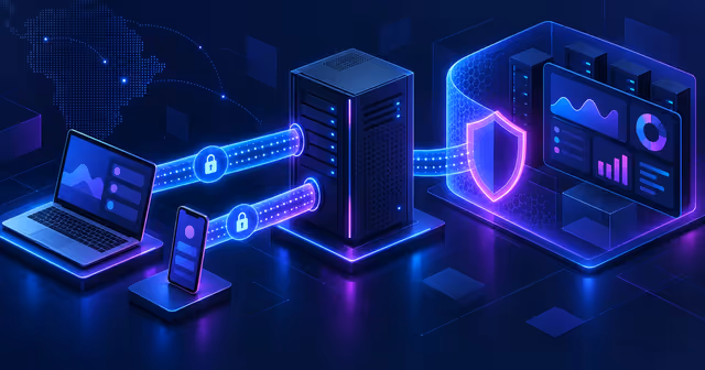 VPS conecta notebook e celular por túneis criptografados a um painel administrativo protegido em rede privada.