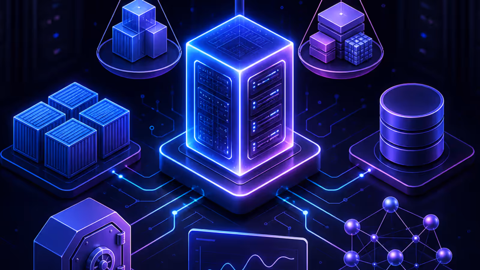 Ilustração editorial de uma VPS conectada a containers, banco de dados, backup e monitoramento