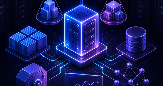 Ilustração editorial de uma VPS conectada a containers, banco de dados, backup e monitoramento