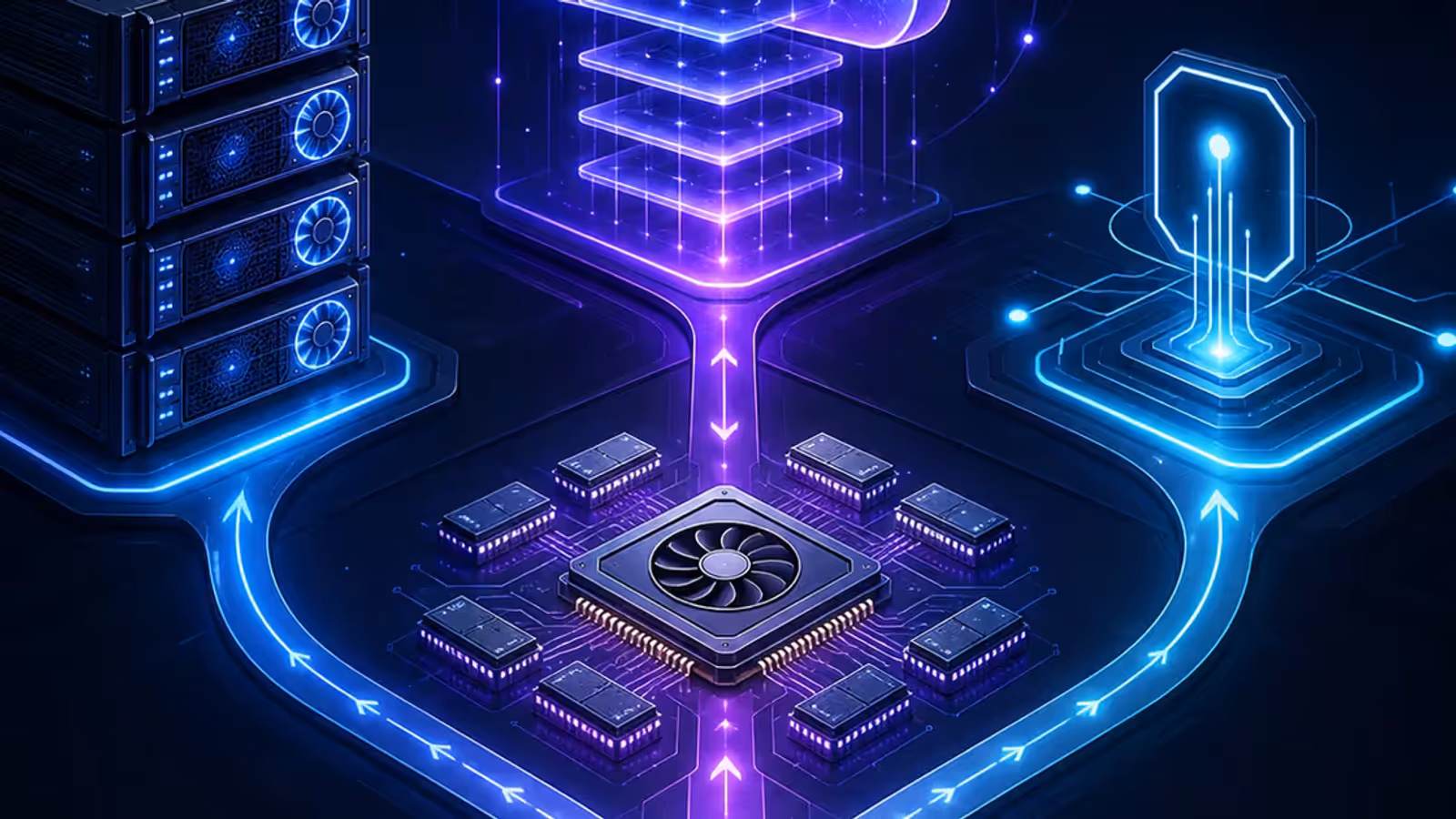 Ilustração de três caminhos para executar IA: VPS GPU persistente, GPU cloud sob demanda e API pronta