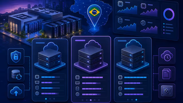 Ilustração editorial: comparação de decisão para escolher VPS NVMe no Brasil em 2026, com nuvem, gráficos de recursos e operação local.