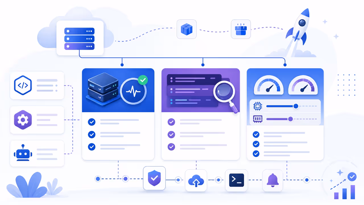 Ilustração: Checklist de produção: healthcheck, logs e limites