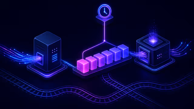 Ilustração isométrica de uma API pública conectada a uma fila, worker e cron em infraestrutura gerenciada