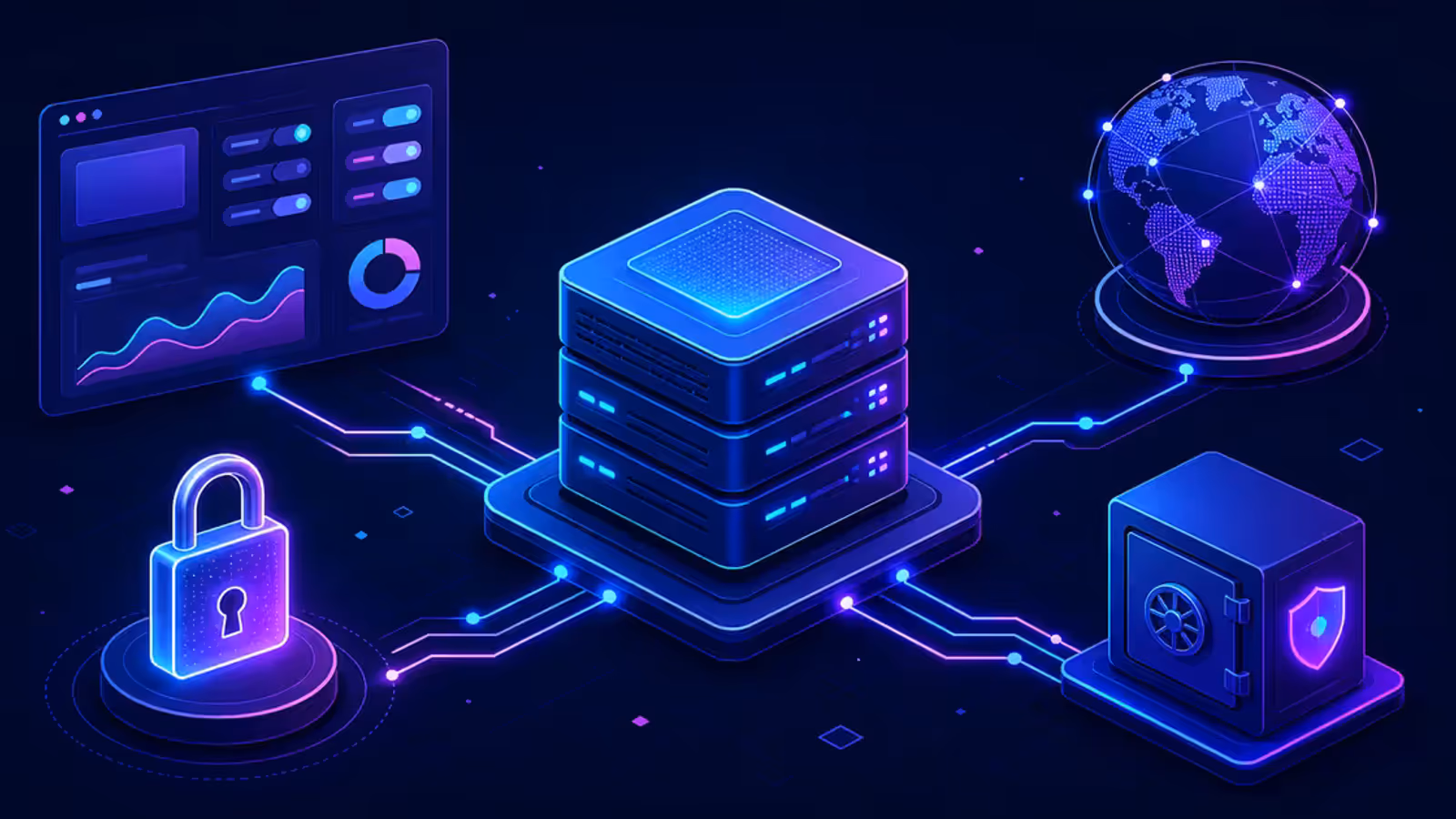Ilustração editorial de uma VPS conectada a painel de deploy, domínio, cadeado TLS e armazenamento externo de backup