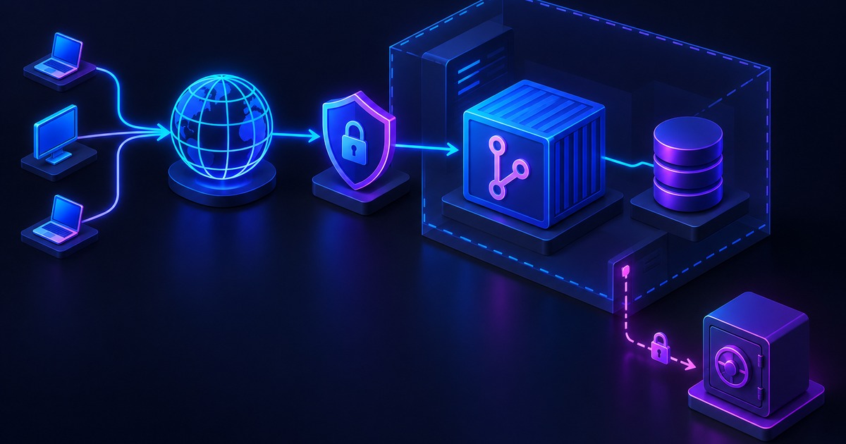 Internet passa por entrada TLS antes do container Git, banco privado e backup externo.