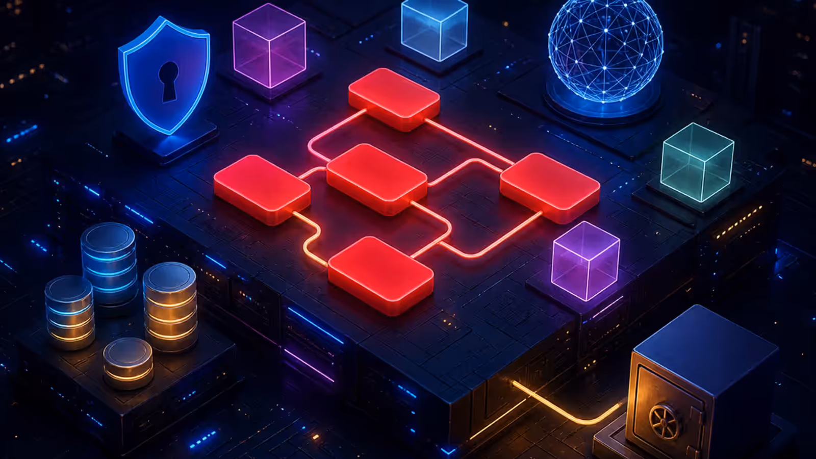 Ilustração de um fluxo visual em containers Docker numa VPS, protegido por SSL e conectado a um cofre de backup