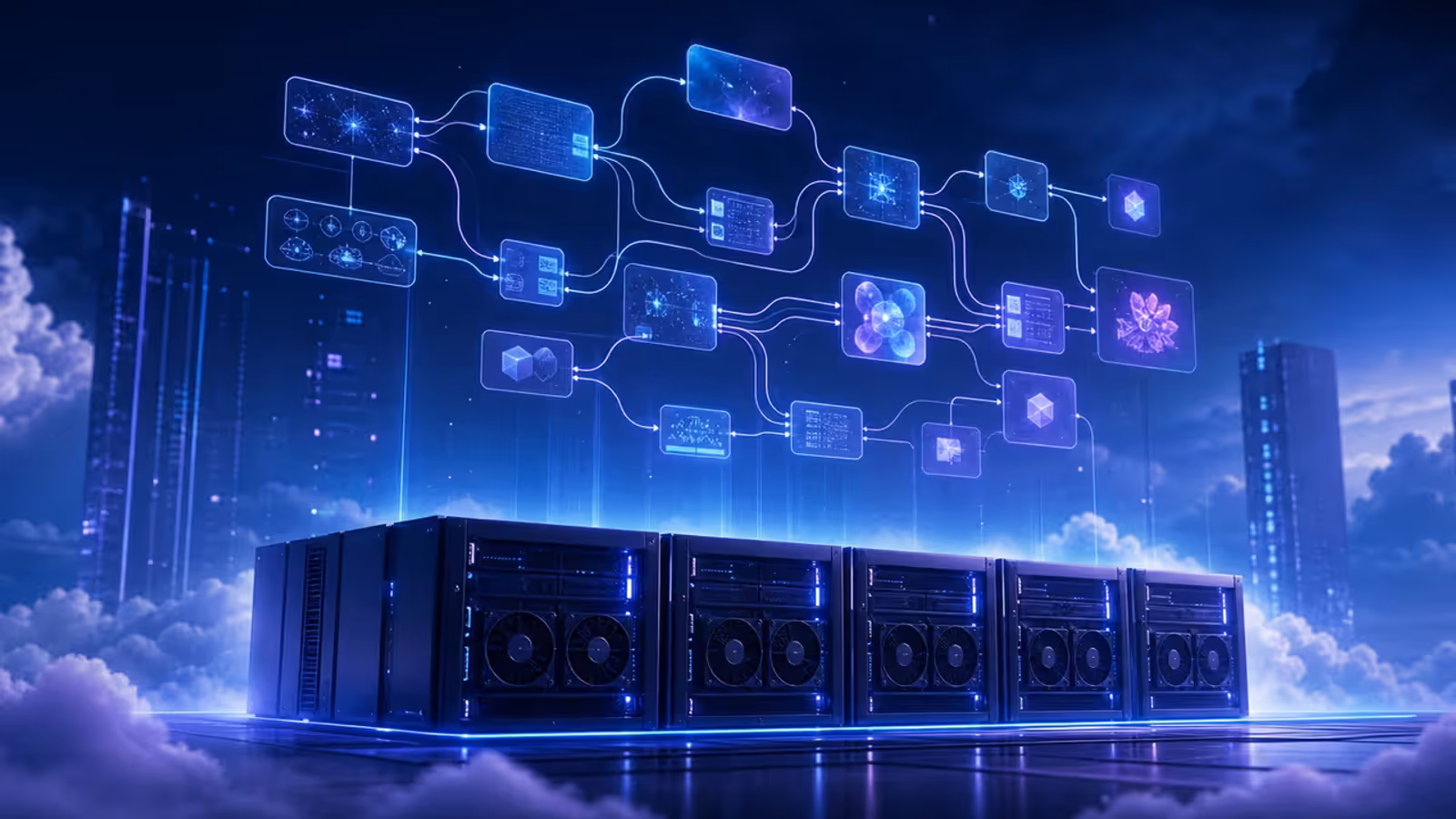 Ilustração de fluxo de nós do ComfyUI rodando em GPU na nuvem