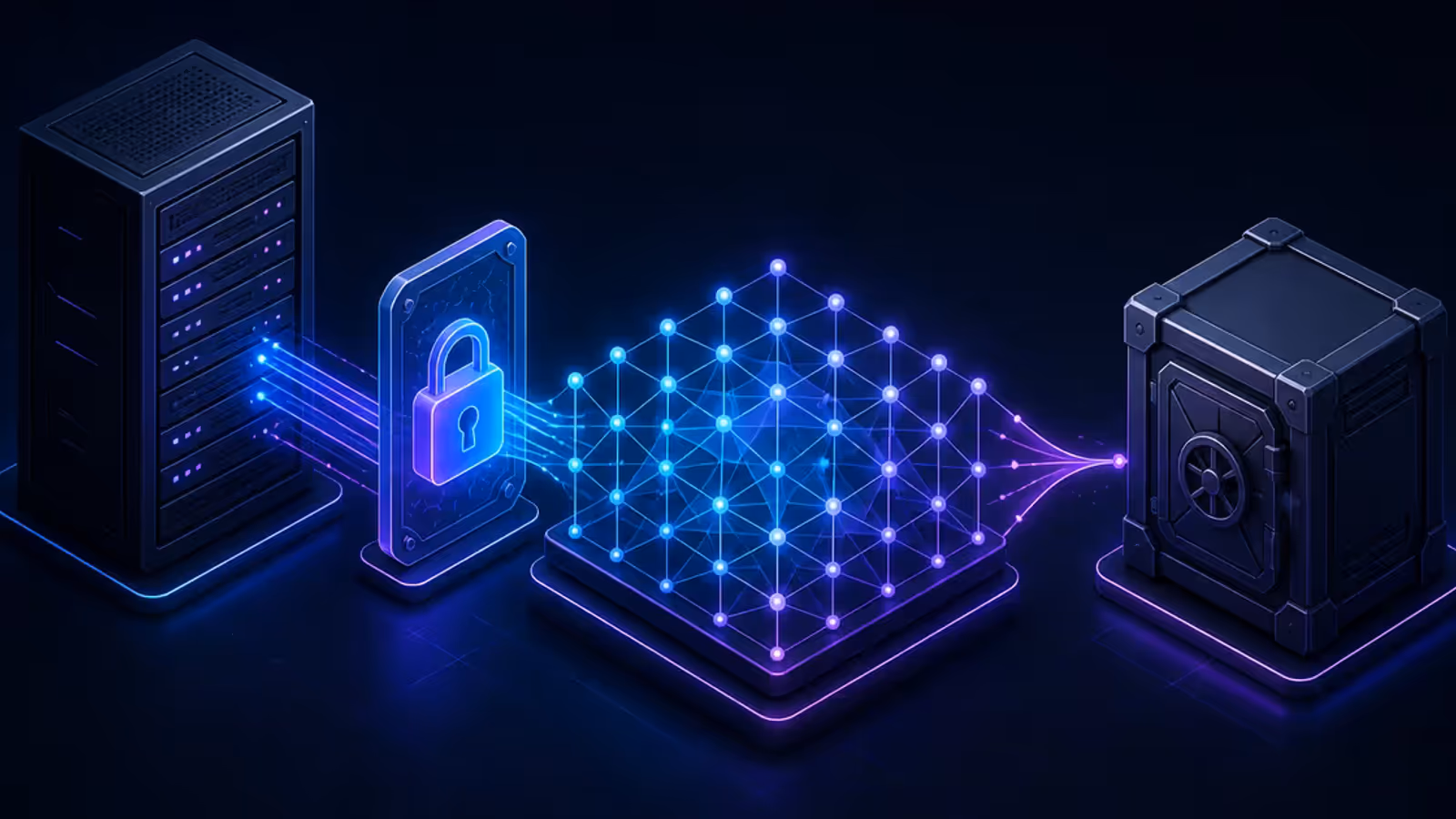 Ilustração de um servidor VPS conectado com segurança a um banco vetorial e a um armazenamento externo de backup.